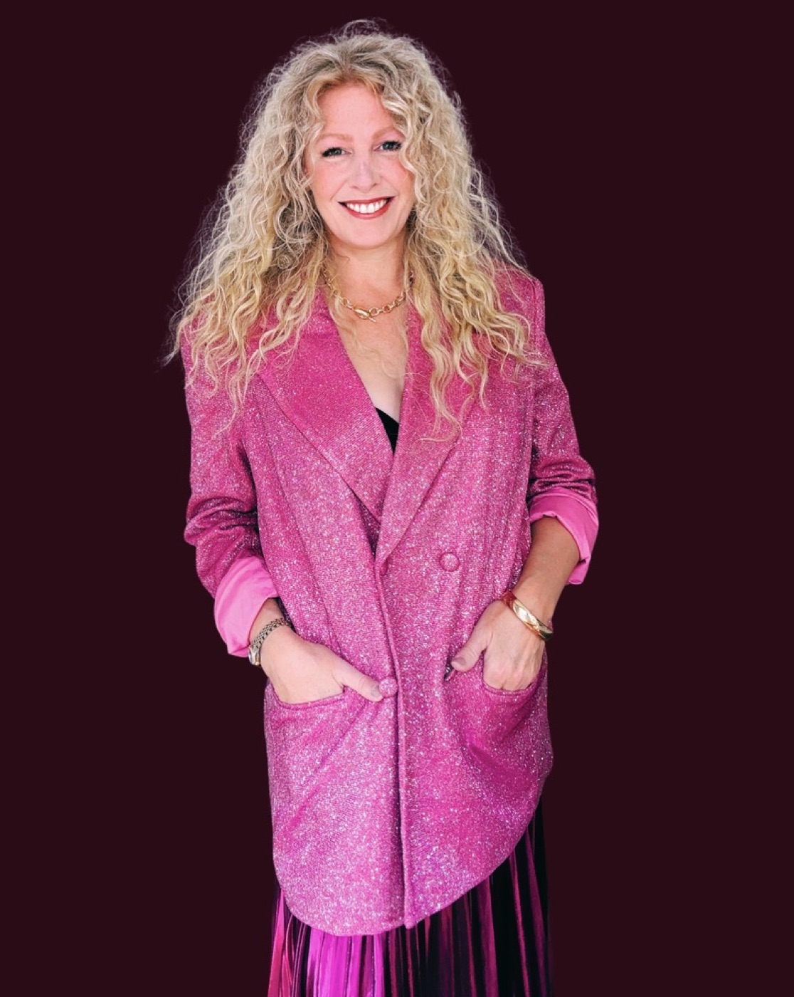 Jess in a pink glitter blazer
